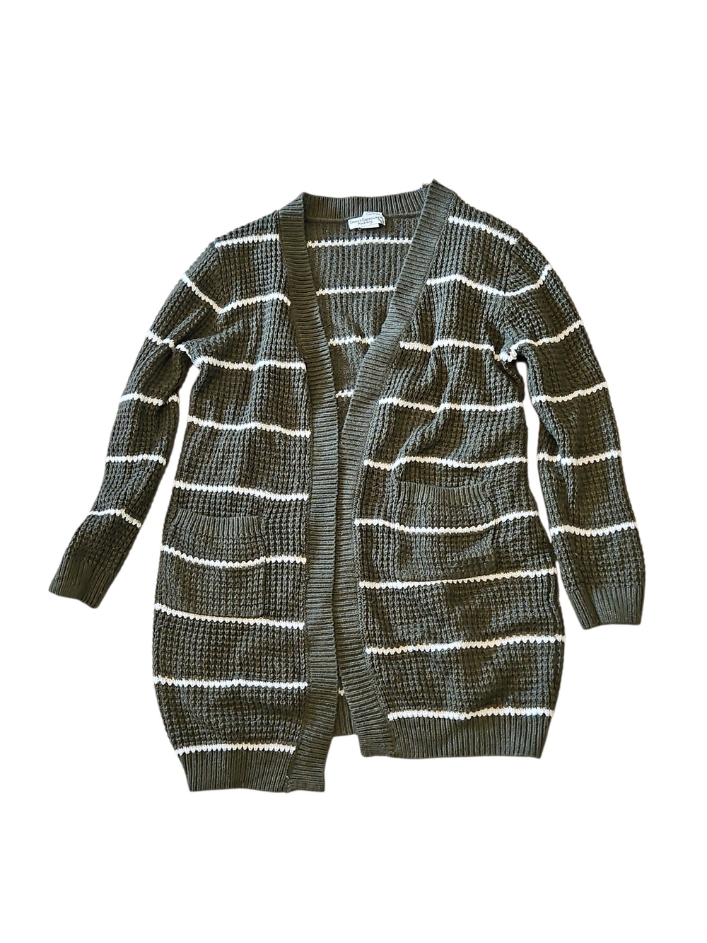 Olive White Stripe Open-Front Knit Cardigan - Women Size Medium